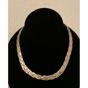Vintage Sterling Silver Tri Colored Herringbone Necklace Braided 16” 925 Wide